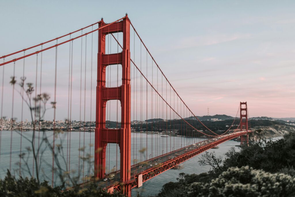 Scenic view of the iconic Golden Gate Bridge during sunset, San Francisco, USA.