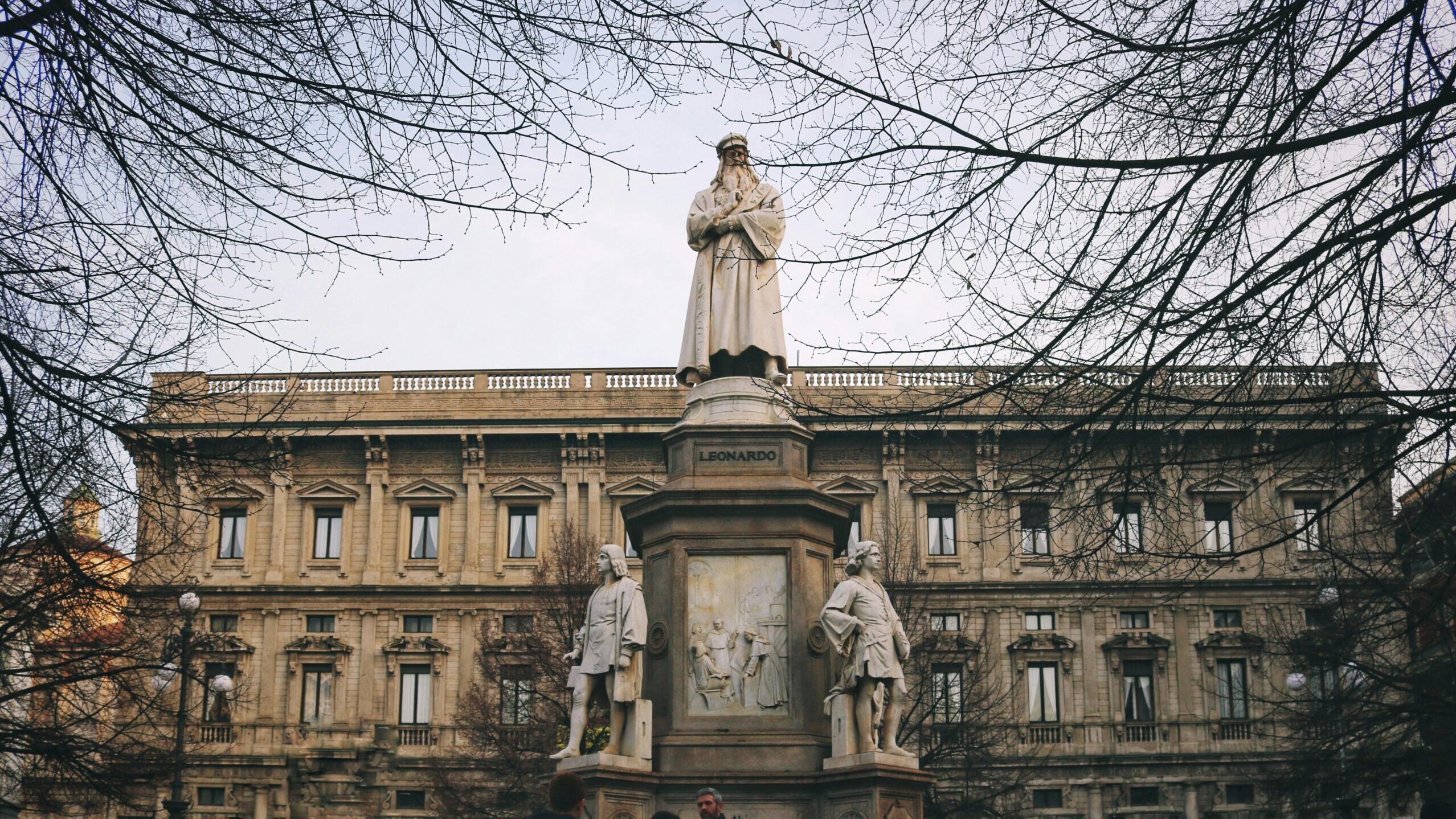 Beautiful view of the Monument to Leonardo da Vinci located in Milan, Italy. A must-see for tourists.