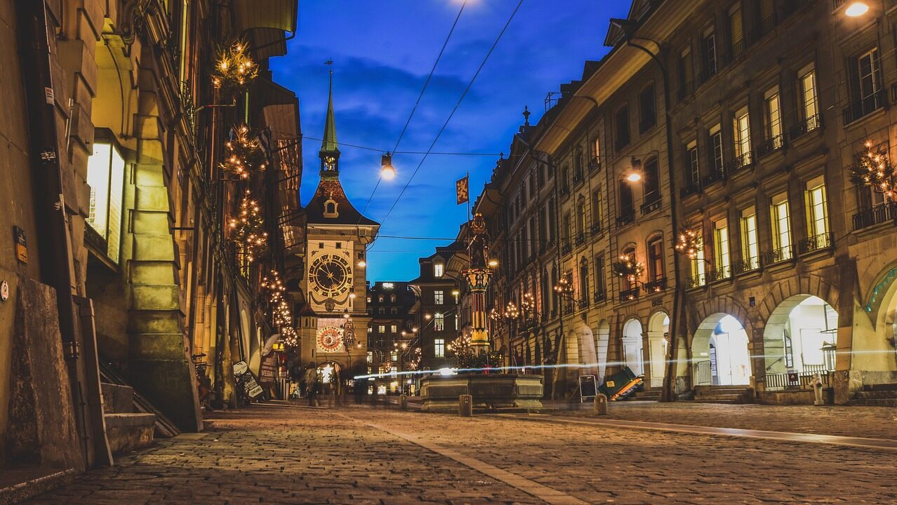 city, night, tower, street, cobblestones, paved, clock, fountain, architecture, evening, building, lighting, winter, zytglogge, bern, switzerland, bern, bern, bern, bern, bern