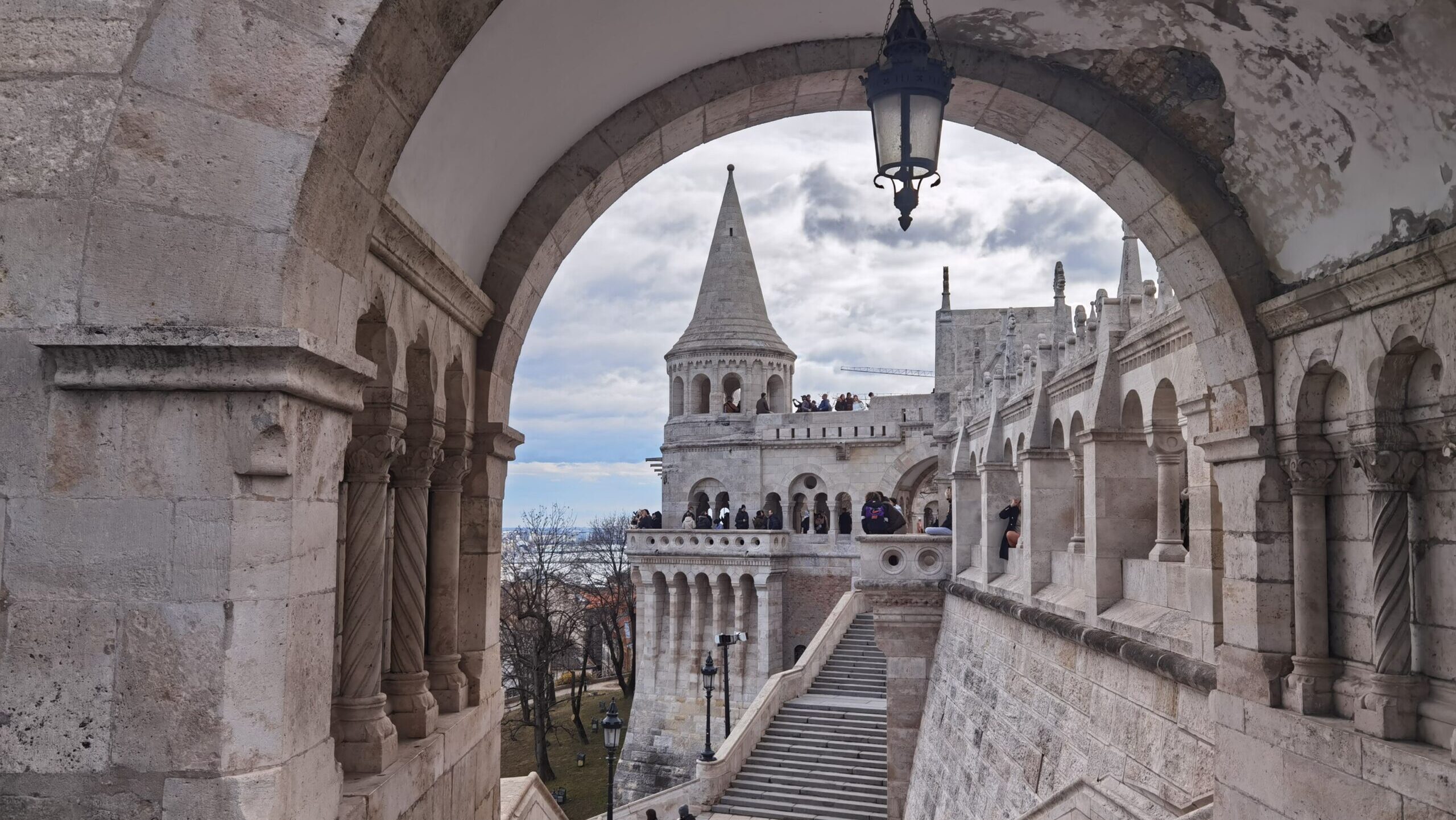 Stunning view of Fisherman's Bastion showcasing Neo-Romanesque architecture in Budapest.