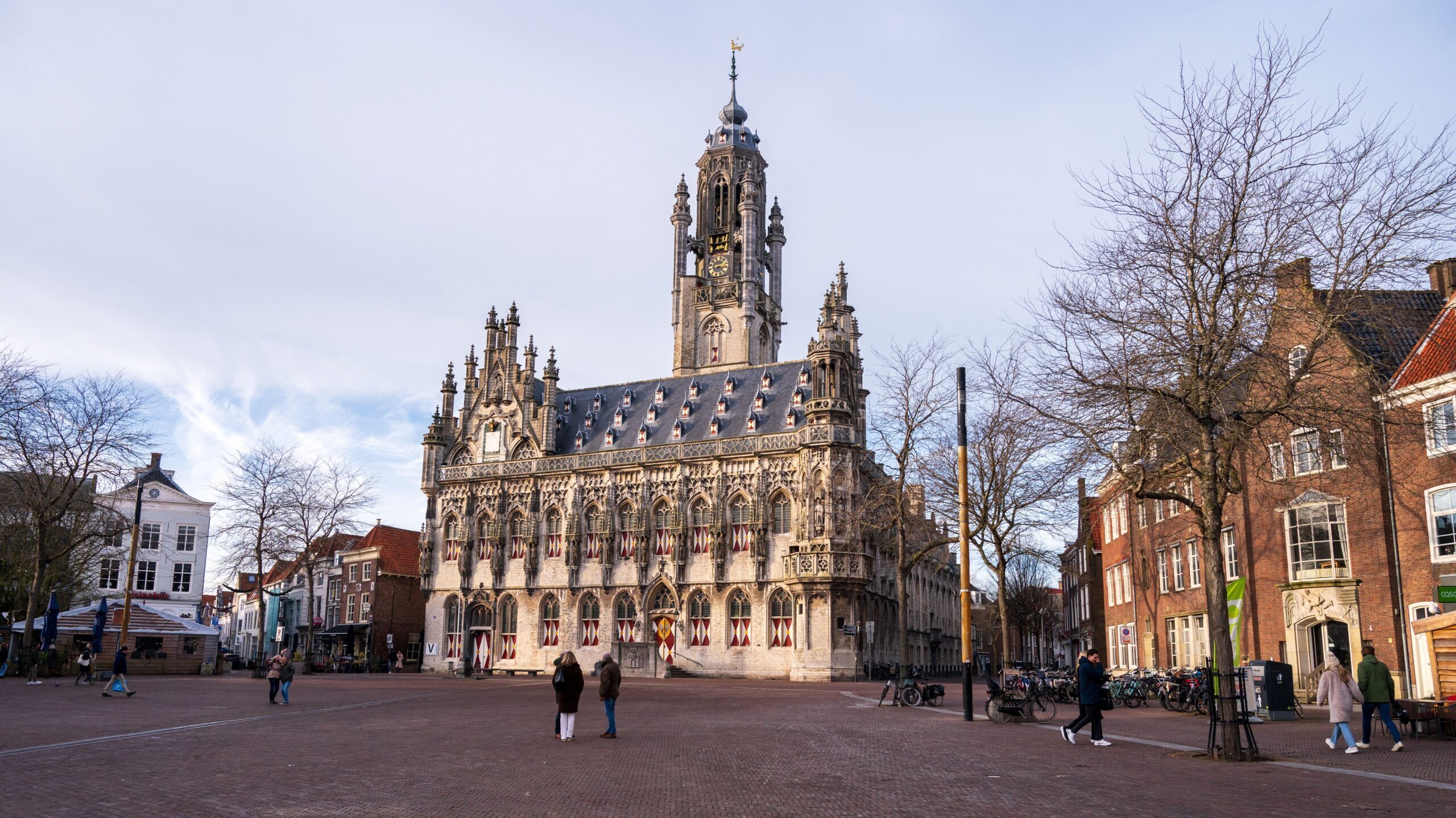 Stunning view of the Gothic-style City Hall located in Middelburg, Netherlands' main square.