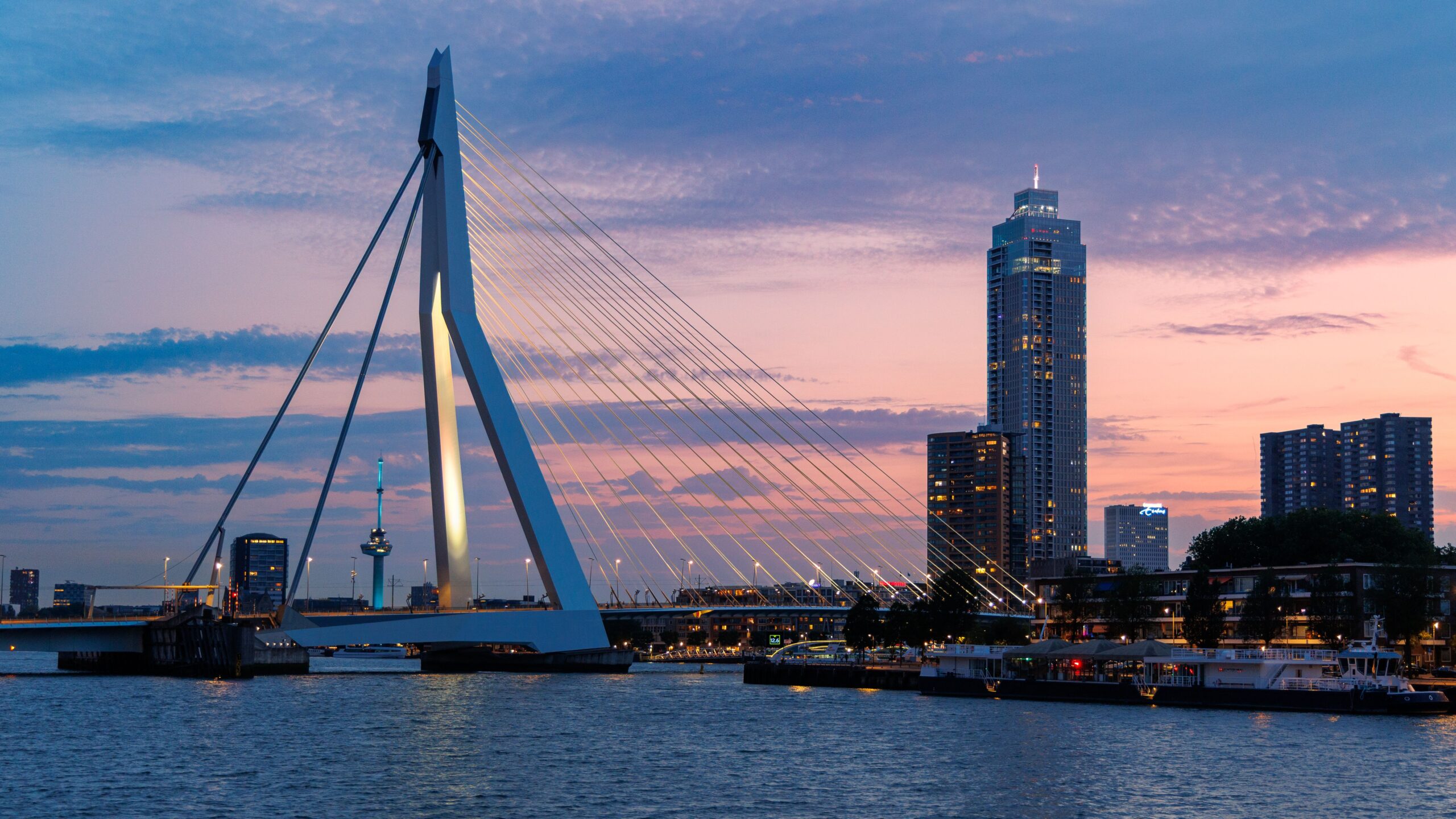 Stunning sunset view of the Erasmus Bridge and Rotterdam skyline with vibrant colors.